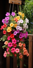 Fototapeta na wymiar bright multi-colored hanging flowers in flowerpots