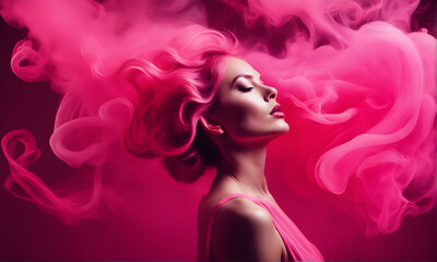 Fashion and beauty concept photography of woman living among smoke color textures