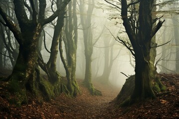 Enchanting woods veiled by mist showing a picturesque scenery. Generative AI