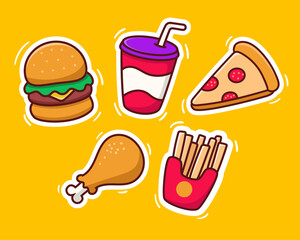Set of fast food vector illustration with cartoon style on yellow background. Fast food vector elements