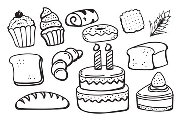 Set of cake and bakery doodle illustration on white background. Hand-drawn cake elements
