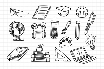 Set of school doodle vector illustration on white background. Hand-drawn school elements