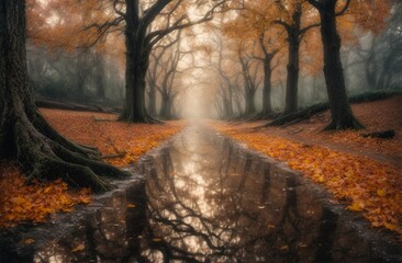 Fototapeta premium Trees with Orange Leaves and Water River Path, Sun Light and Fog, Autumnal Season, using Generative Ai