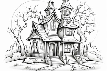 Spooky haunted house for Halloween coloring. Generative AI