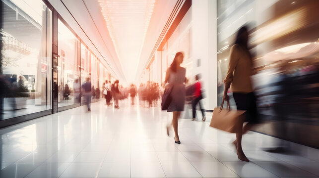 Blurred background of a modern shopping mall with some shoppers. Stylish women looking at showcase, motion blur. Abstract motion blurred shoppers with shopping bags