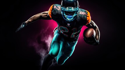 Dynamic image of a male American football player moving on a dark background with neon lights mixed in. - obrazy, fototapety, plakaty