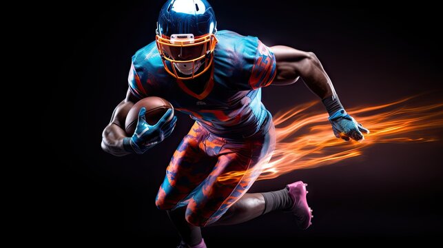Dynamic image of a male American football player moving on a dark background with neon lights mixed in.
