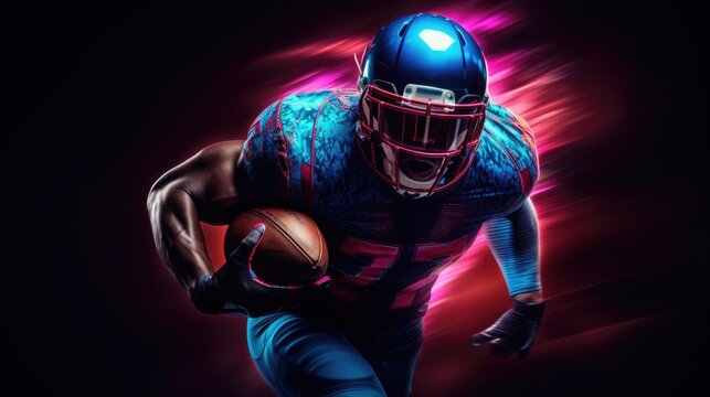 Dynamic image of a male American football player moving on a dark background with neon lights mixed in.