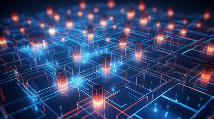 Fototapeta premium A digital grid of glowing neon nodes, creating a cybernetic landscape reminiscent of futuristic interfaces
