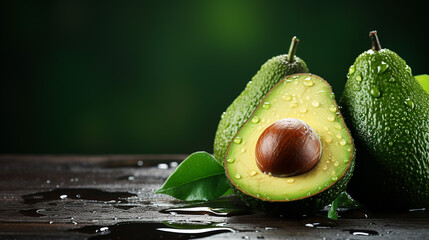 Avocado fruits. Juicy slice of Avocado on green background, panoramic image. Made with generative ai
