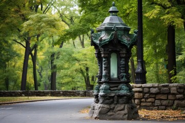 Fototapeta premium an old-fashioned lantern on a stone pillar at a park entrance