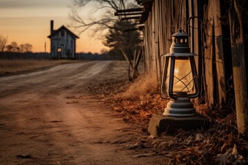 Fototapeta na wymiar a vintage lantern on the edge of a dirt road, with an old wooden fence in the background