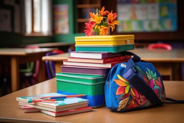 a colorful lunchbox placed next to a pile of textbooks on a wooden school desk