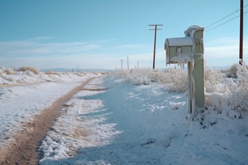 a snow-covered mailbox in a desert during winter