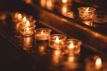 burning tea lights in the dark