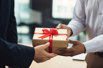 Close up view of hands Giving a business gift in an office. - obrazy, fototapety, plakaty