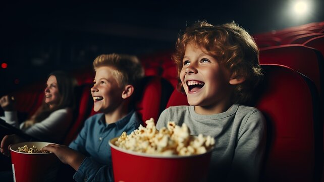 two kids boys sitting in cinema smiling eating popcorn and watching movie together. AI.