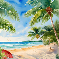 Watercolor illustration, beach, sea, palm trees, vacation, vacation.