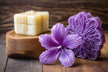 a purple orchid flower and a carved soap on a rustic wooden background