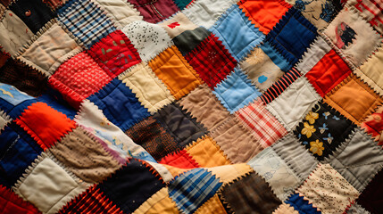 A quilt of patchwork fabrics, each telling a unique story, ideal for designs that cherish tradition and handmade crafts