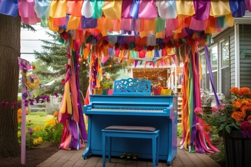 Fototapeta premium a piano under a gazebo, surrounded by brightly colored party decorations