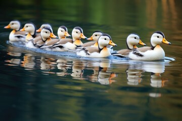 ducks swimming together in a row in a pond