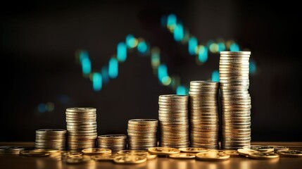 Stack of coins with graph chart growth up Business