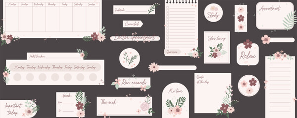 Ready to use digital stickers. Digital note papers and stickers for bullet journaling or planning. Floral stickers. Vector art. - 654176044