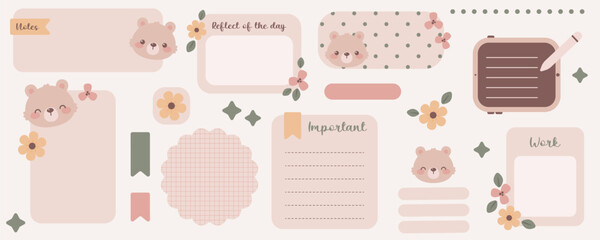 Kawaii digital stickers with cute bear. Digital note papers and stickers for bullet journaling or planning. Vector art. - 654176215