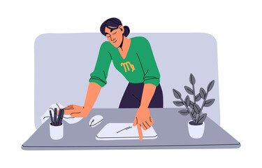 Virgo astrology zodiac sign concept. Economic character in astrological horoscope. Woman cleaning house, girl does housework, wipe off dust on table. Flat isolated vector illustration on white