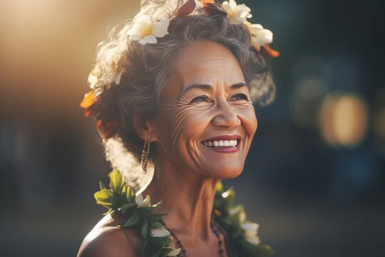 Hawaii smiling woman. Flower dancer. Generate Ai