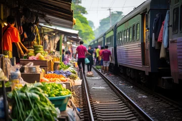 Foto auf Glas Train on tracks moving slowly through a fresh produce market on the railroad tracks, Mae Klong train station © Creative Clicks
