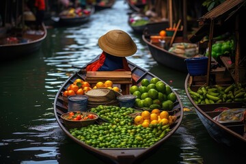 Fruit and vegetable market on boats in Thailand