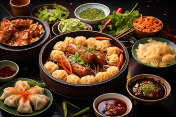 Assortment of Chinese cuisine. Chinese noodles, fried rice, dumplings, Peking duck, dim sum, spring rolls. Famous dishes from Chinese cuisine - obrazy, fototapety, plakaty