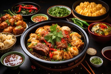 Assortment of Chinese cuisine. Chinese noodles, fried rice, dumplings, Peking duck, dim sum, spring rolls. Famous dishes from Chinese cuisine - obrazy, fototapety, plakaty