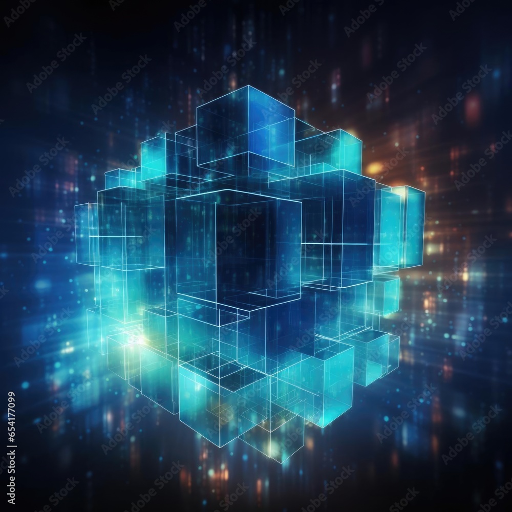 Poster blockchain technology with abstract background. blockchain description on abstract technology cube.