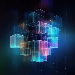 Modern technologies. Box diagram. Neural network. Glass blocks. Web building. Industrial cube objects. Hardware quantum form. Smart assembly. Composition of intersections. Grid core. Glow technology
