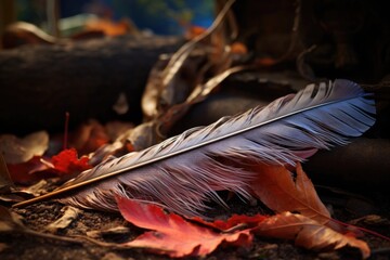 feather lying on a pile of leaves