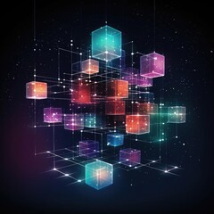 Blockchain concept banner. Isometric digital blocks connection with each other and shapes crypto chain. Abstract technology background.