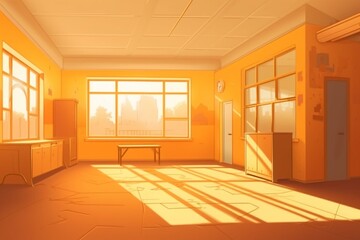 Cartoon-style empty school room with golden light, ready for children. Generative AI