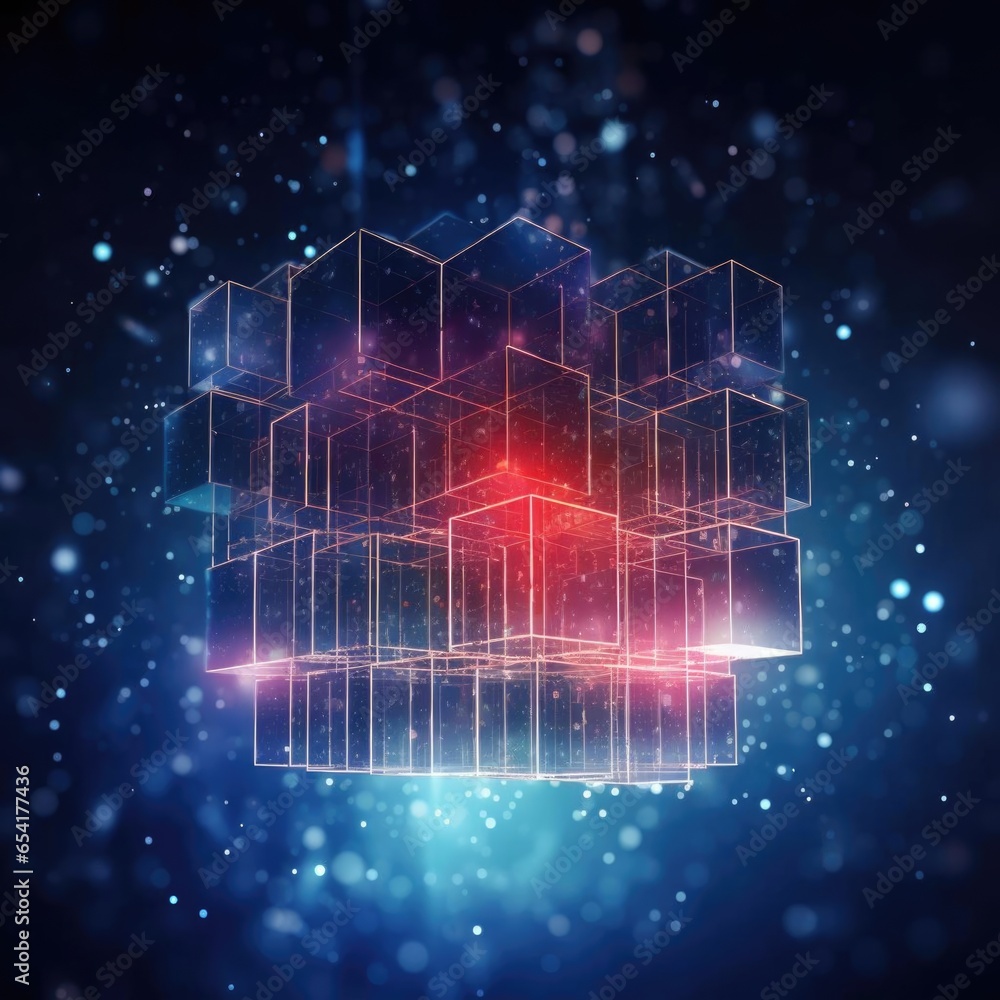 Poster blockchain technology with abstract background. blockchain description on abstract technology cube.