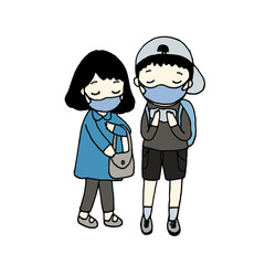 boy and girl wear mask, hand drawn style vector illustration