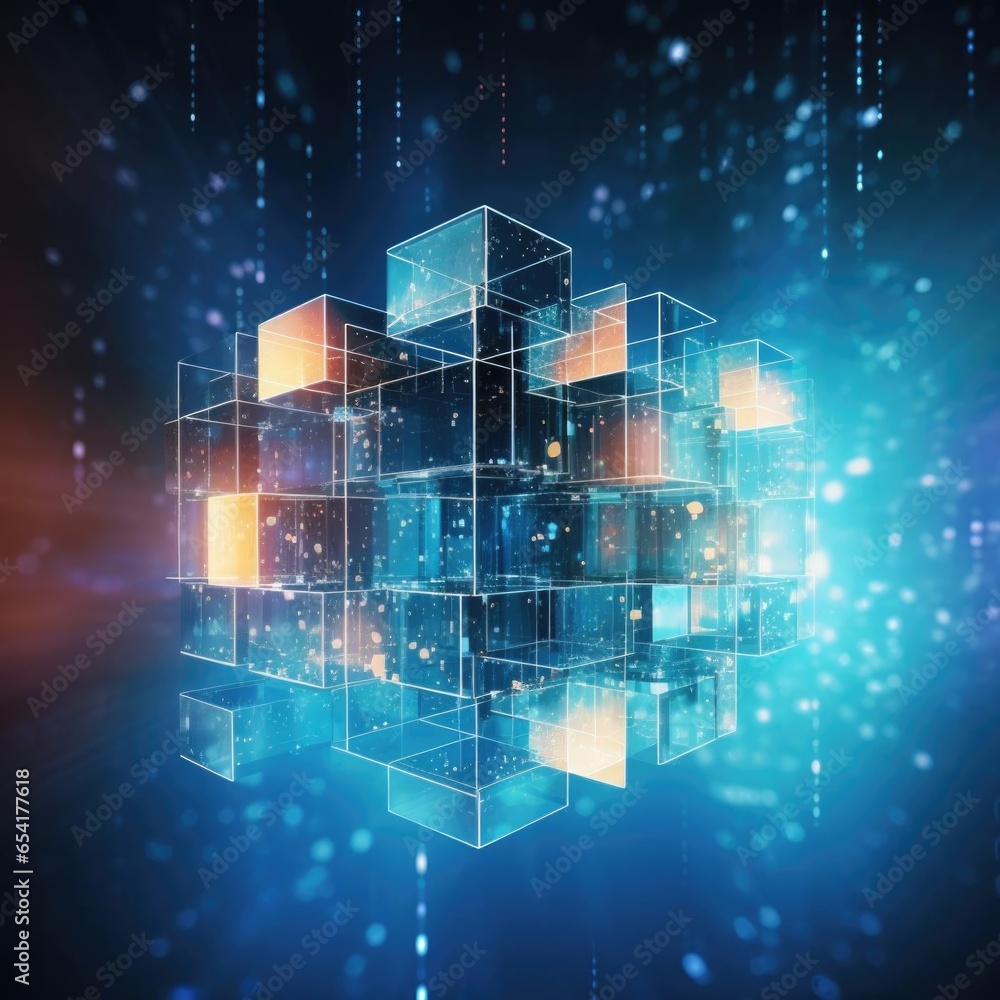 Fototapete abstract of a flying cube. sci fi shape in empty space. futuristic background.
