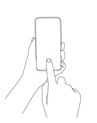 Line art of hand uses smartphone touchscreen with a blank screen. technology social media communication front view.