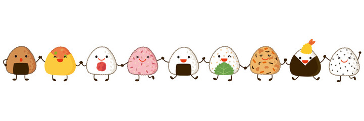 おにぎりのキャラクター　手を繋いで並ぶ