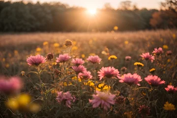 Fotobehang spring meadow with smal yellow and white flowers during late autumn sunset with a sunflares in the background. Generative AI. © kapros76
