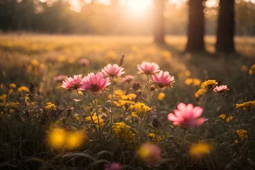 Foto op Canvas spring meadow with smal yellow and white flowers during late autumn sunset with a sunflares in the background. Generative AI. © kapros76