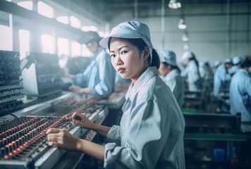 Asian worker factory line. Manager safety. Generate Ai
