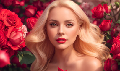 Obraz na płótnie Canvas beautiful woman with blond hair poses surrounded with red and pink roses, generative ai