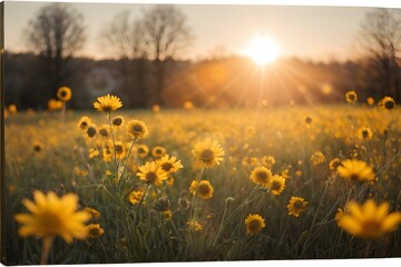 spring meadow with smal yellow and white flowers during late autumn sunset with a sunflares in the background. Generative AI.
